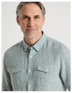 Regatta Houndstooth Long Sleeve Linen Shirt in Sage