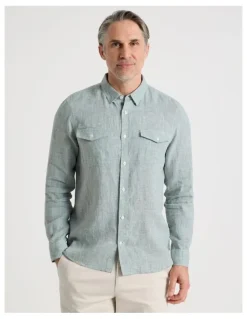 Regatta Houndstooth Long Sleeve Linen Shirt in Sage