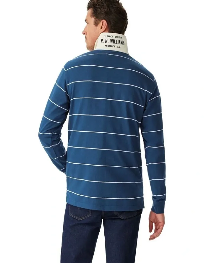 R.M.Williams Albany Stripe Rugby Sweat Top in Vintage Blue