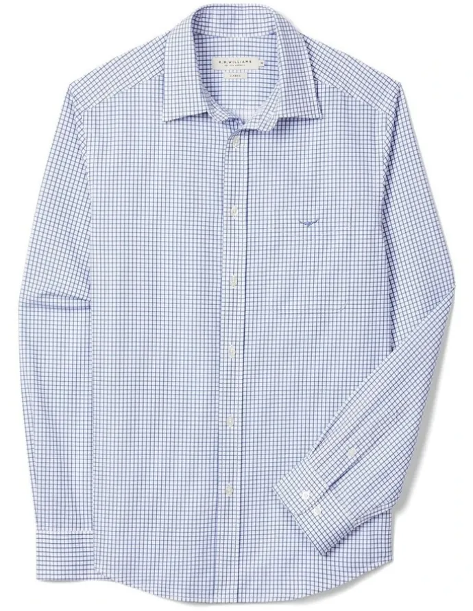 R.M.Williams Brunswick Twill Check Long Sleeve Shirt in White Blue