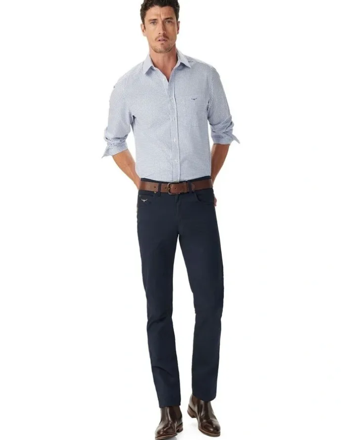 R.M.Williams Brunswick Twill Check Long Sleeve Shirt in White Blue