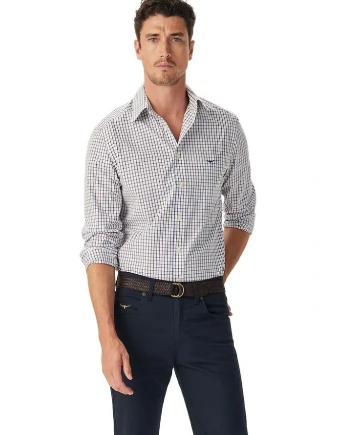 R.M.Williams Newland Poplin Check Shirt in Navy/Burgundy/White