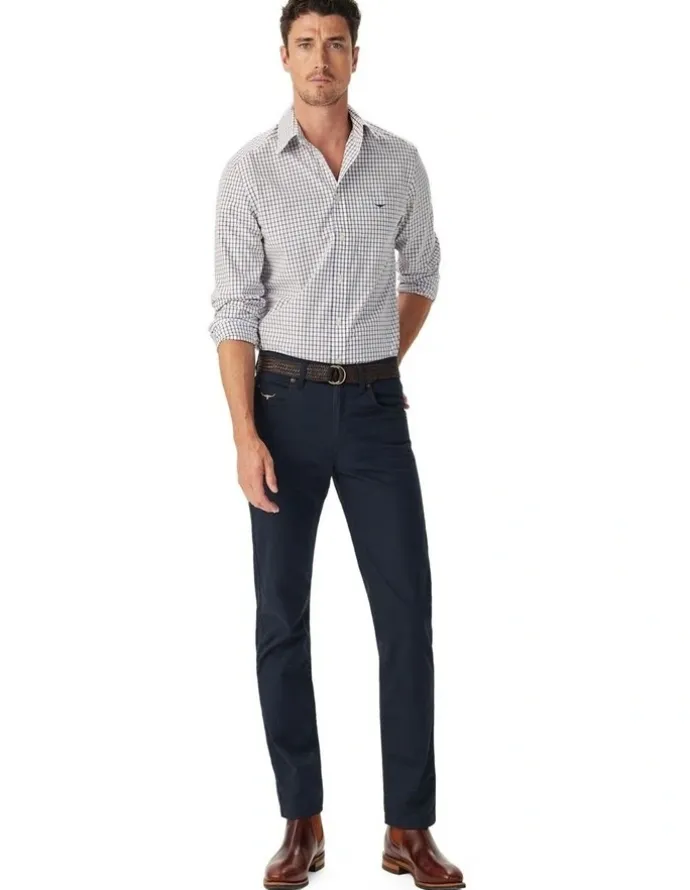 R.M.Williams Newland Poplin Check Shirt in Navy/Burgundy/White