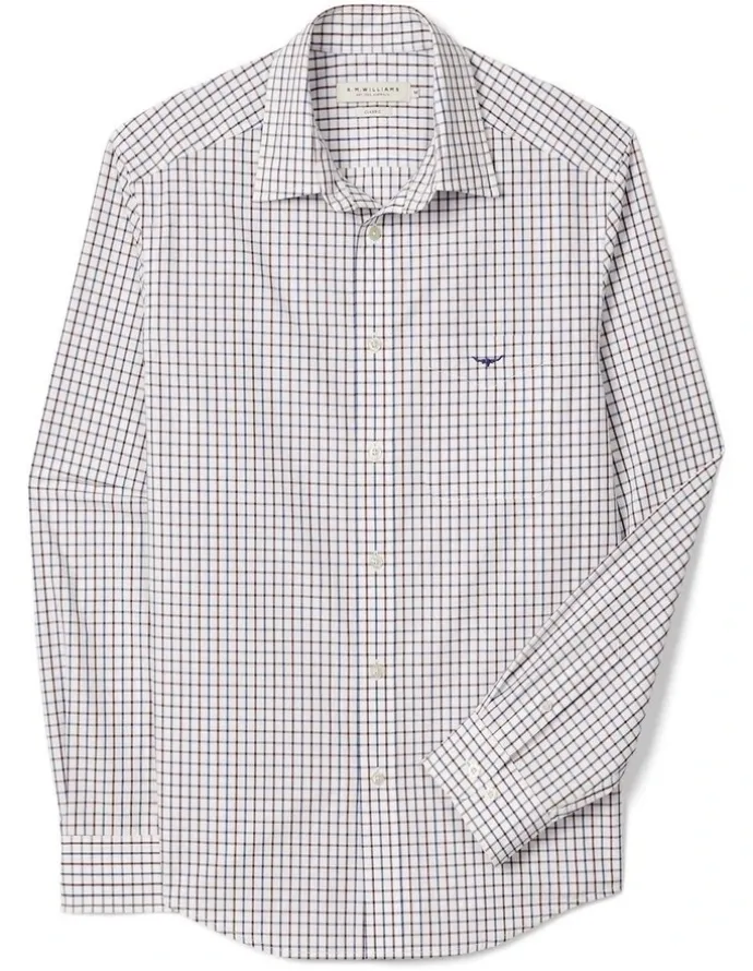 R.M.Williams Newland Poplin Check Shirt in Navy/Burgundy/White