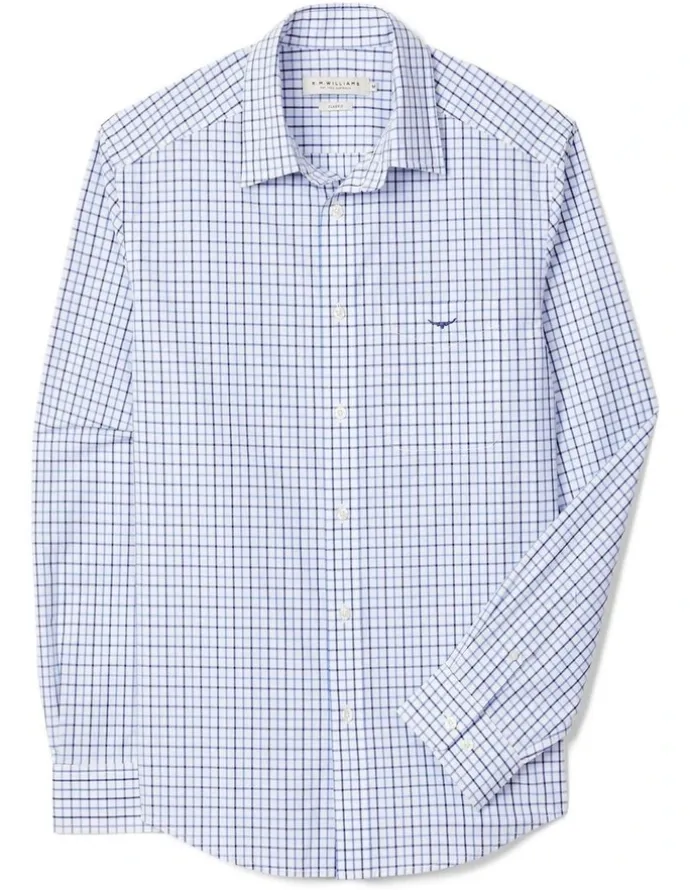R.M.Williams Newland Poplin Check Long Sleeve Shirt in Navy