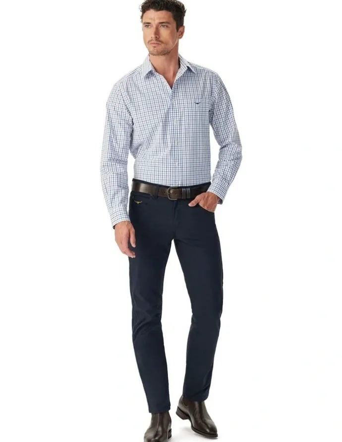 R.M.Williams Newland Poplin Check Long Sleeve Shirt in Navy
