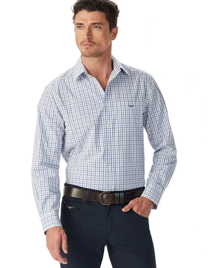 R.M.Williams Newland Poplin Check Long Sleeve Shirt in Navy
