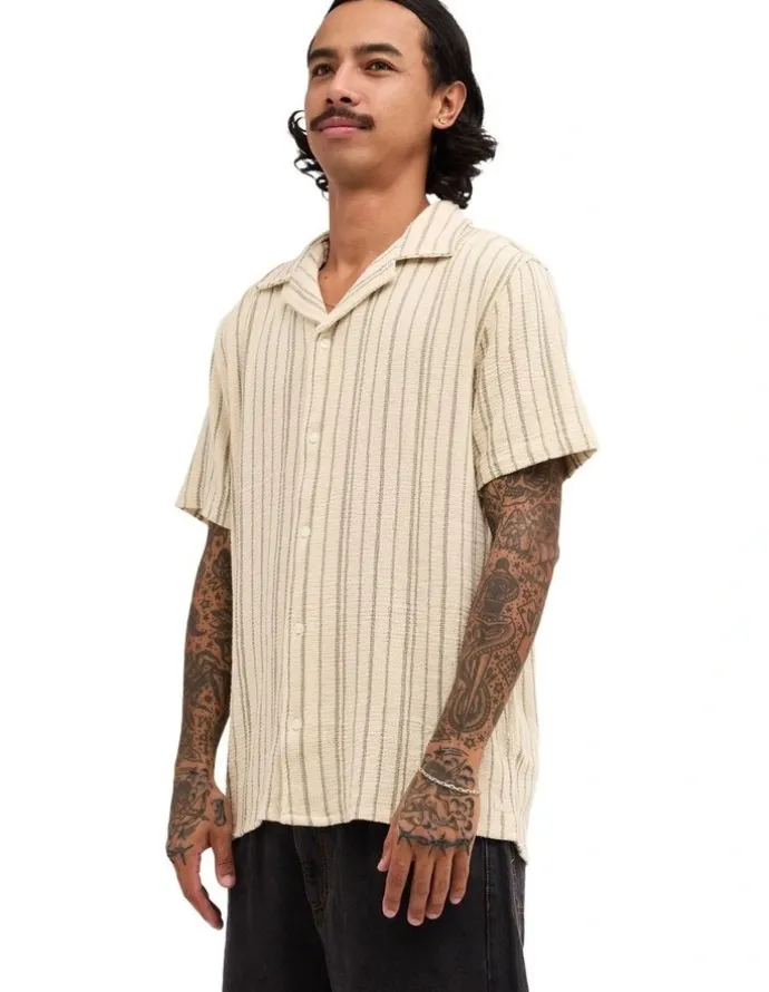 RVCA Vacancy Stripe Short Sleeve Shirt In Tan