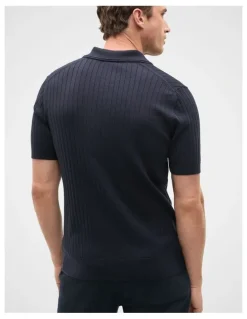Seed Heritage Short Sleeve Merino Knit Polo Shirt in Midnight Blue