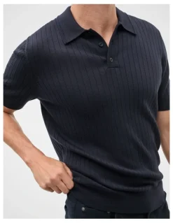 Seed Heritage Short Sleeve Merino Knit Polo Shirt in Midnight Blue