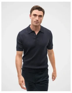 Seed Heritage Short Sleeve Merino Knit Polo Shirt in Midnight Blue