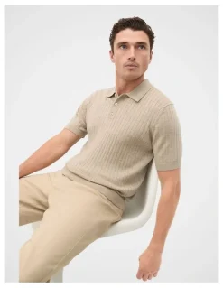 Seed Heritage Short Sleeve Merino Knit Polo Shirt in Dark Stone