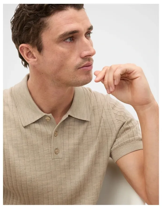 Seed Heritage Short Sleeve Merino Knit Polo Shirt in Dark Stone