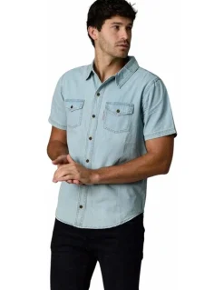 Society of Wolves Short Sleeve Denim Shirt in Light Wash