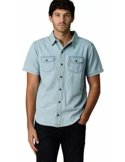 Society of Wolves Short Sleeve Denim Shirt in Light Wash