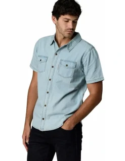 Society of Wolves Short Sleeve Denim Shirt in Light Wash