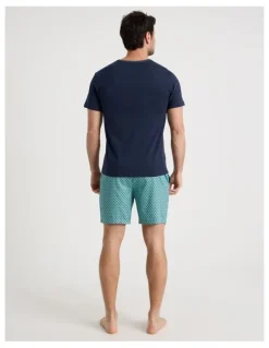 Soho Foulard Tee and Short Pyjama Set in Navy and Green Geometric Print
