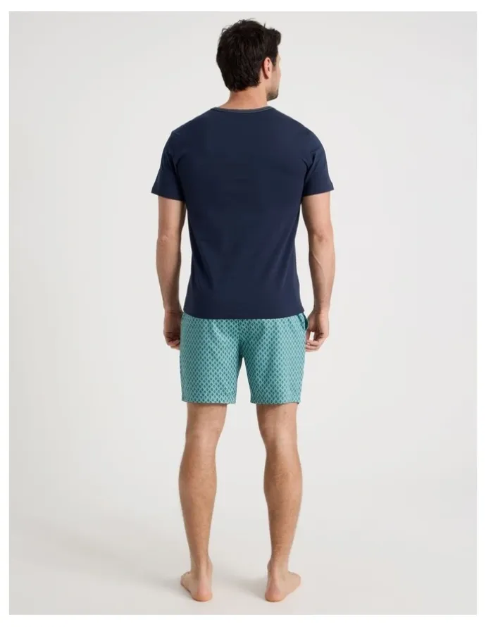 Soho Foulard Tee and Short Pyjama Set in Navy and Green Geometric Print