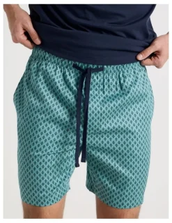 Soho Foulard Tee and Short Pyjama Set in Navy and Green Geometric Print