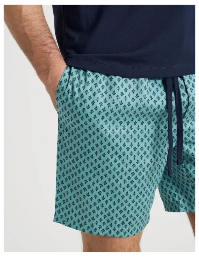 Soho Foulard Tee and Short Pyjama Set in Navy and Green Geometric Print