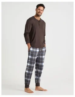 Soho Henley Check Cosy Knit Pyjama Set in Chocolate