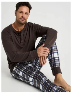Soho Henley Check Cosy Knit Pyjama Set in Chocolate