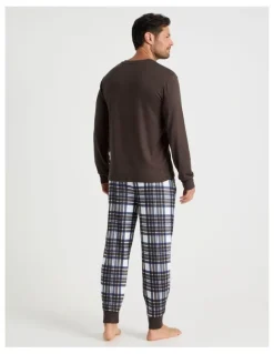 Soho Henley Check Cosy Knit Pyjama Set in Chocolate