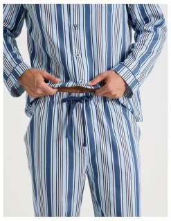 Soho Long Sleeve Cotton Sateen Pyjama Set in Blue Stripe