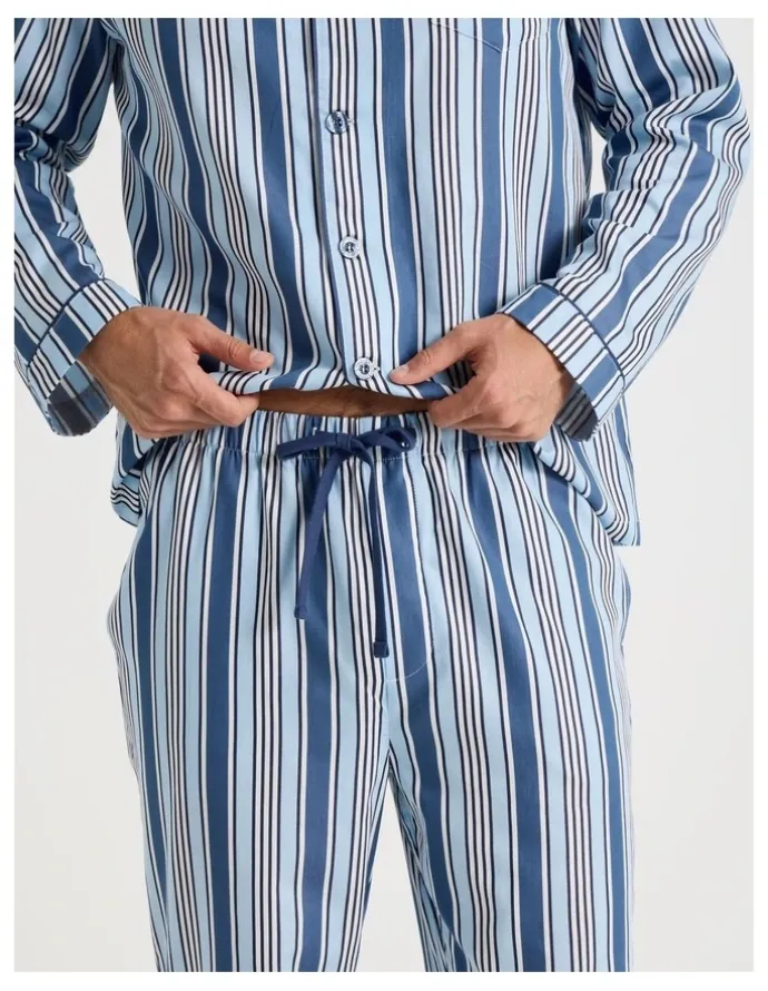 Soho Long Sleeve Cotton Sateen Pyjama Set in Blue Stripe