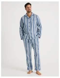 Soho Long Sleeve Cotton Sateen Pyjama Set in Blue Stripe
