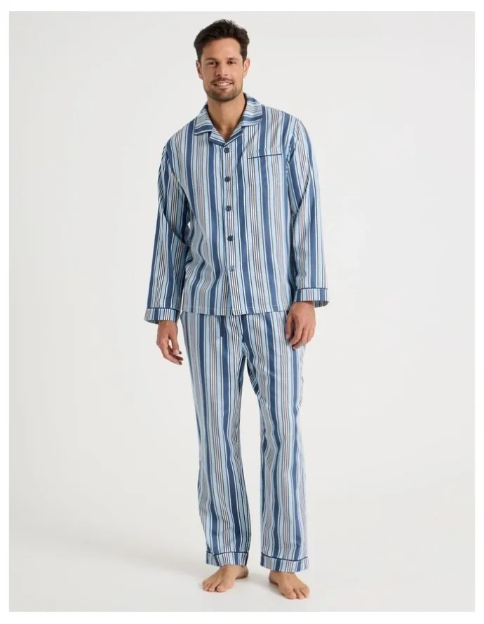 Soho Long Sleeve Cotton Sateen Pyjama Set in Blue Stripe