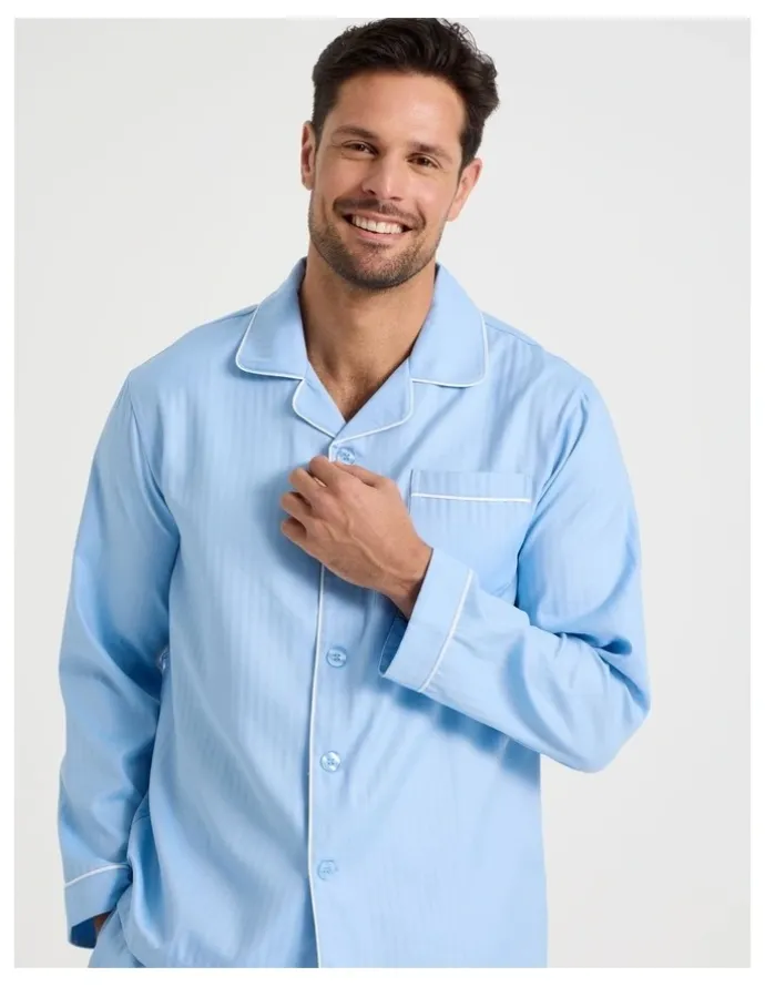 Soho Long Sleeve Cotton Sateen Pyjama Set in Herringbone Plain
