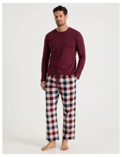 Soho Long Sleeve Tee and Flannelette Pant Pyjama Set in Burgundy Check