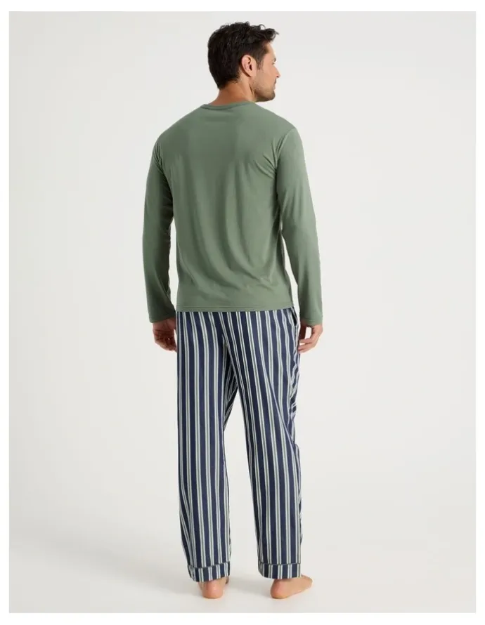 Soho Long Sleeve Tee and Sateen Pant Pyjama Set in Green Stripe