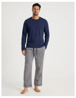 Soho Long Sleeve Tee and Sateen Pant Pyjama Set in Navy & Modern Tile Print