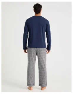 Soho Long Sleeve Tee and Sateen Pant Pyjama Set in Navy & Modern Tile Print