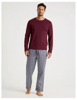 Soho Long Sleeve Tee and Sateen Pant Pyjama Set in Burgundy Cubist Print