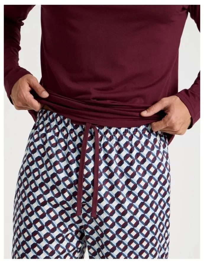 Soho Long Sleeve Tee and Sateen Pant Pyjama Set in Burgundy Cubist Print