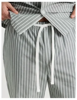 Soho Long Sleeve Traditional Poplin Pyjama Set in Classic Sage Stripe