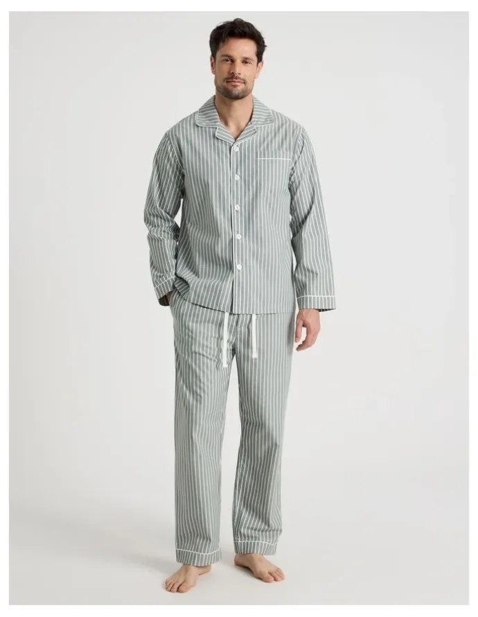 Soho Long Sleeve Traditional Poplin Pyjama Set in Classic Sage Stripe