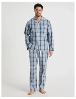 Soho Long Sleeve Traditional Poplin Pyjama Set in Classic Blue Check