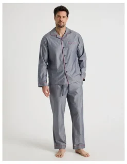 Soho Long Sleeve Traditional Herringbone Pyjama Set in Navy Twist