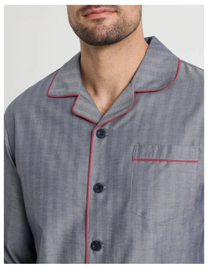 Soho Long Sleeve Traditional Herringbone Pyjama Set in Navy Twist