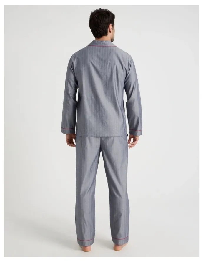 Soho Long Sleeve Traditional Herringbone Pyjama Set in Navy Twist
