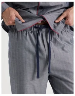 Soho Long Sleeve Traditional Herringbone Pyjama Set in Navy Twist