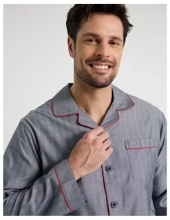 Soho Long Sleeve Traditional Herringbone Pyjama Set in Navy Twist
