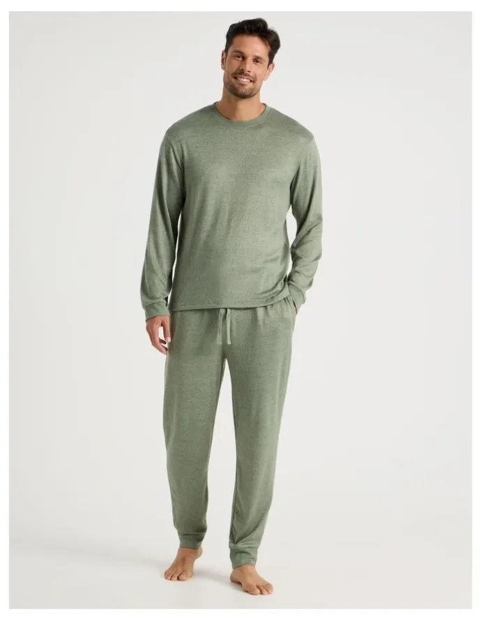 Soho Plain Cosy Knit Pyjama Set in Green Marle