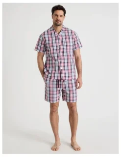 Soho Short Sleeve Traditional Poplin Pyjama Set in Denim British Check