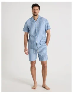 Soho Short Sleeve Traditional Poplin Pyjama Set in Light Blue British Stripe