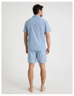 Soho Short Sleeve Traditional Poplin Pyjama Set in Light Blue British Stripe